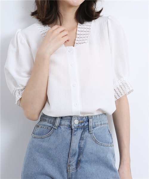 MAISON DE THERESE(メゾン ド テレーズ)の「レースパフ袖Vネックブラウス(シャツ/ブラウス・レディース・ライトベージュ/ホワイト・M/L/S)」の9枚目の写真