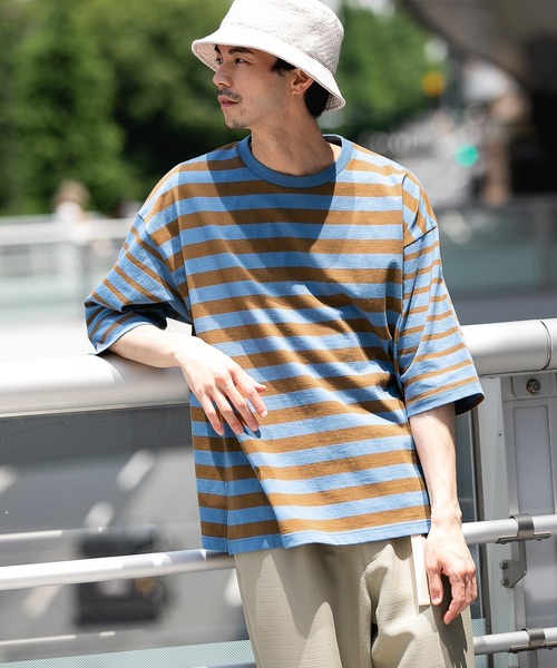 ポテチーノ パッチワークボーダーTシャツ ブラック サイズF*CD303 テッポーTシャツ ボーダーパッチワーク ポケット付き_山と月
