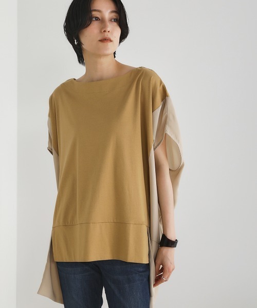 Bou Jeloud(ブージュルード)の「綿シルケット◆シアー異素材チュニック(Tシャツ/カットソー・レディース・ブラック/ベージュ/オフホワイト/グリーン・FREE)」の3枚目の写真