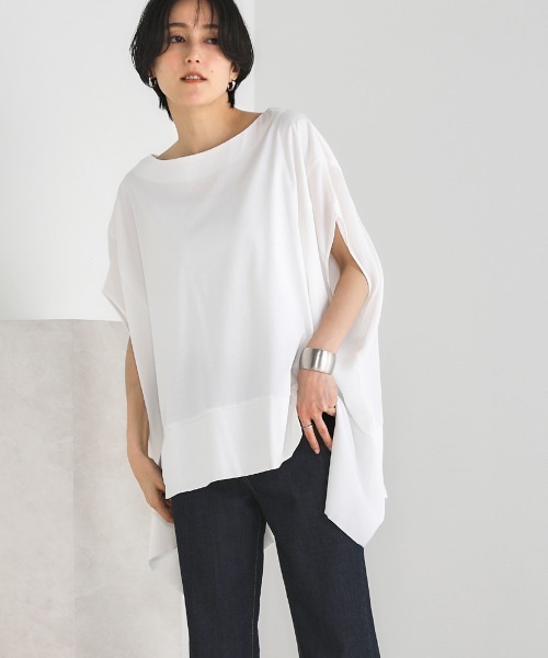 Bou Jeloud(ブージュルード)の「綿シルケット◆シアー異素材チュニック(Tシャツ/カットソー・レディース・ブラック/ベージュ/オフホワイト/グリーン・FREE)」の1枚目の写真