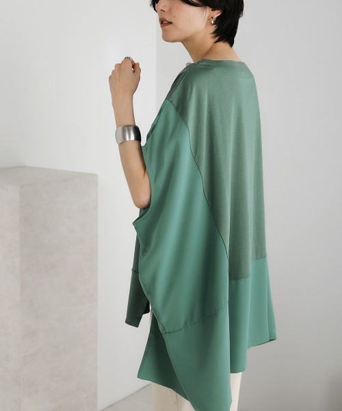 Bou Jeloud(ブージュルード)の「綿シルケット◆シアー異素材チュニック(Tシャツ/カットソー・レディース・ブラック/ベージュ/オフホワイト/グリーン・FREE)」の4枚目の写真