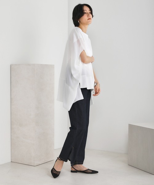 Bou Jeloud(ブージュルード)の「綿シルケット◆シアー異素材チュニック(Tシャツ/カットソー・レディース・ブラック/ベージュ/オフホワイト/グリーン・FREE)」の6枚目の写真