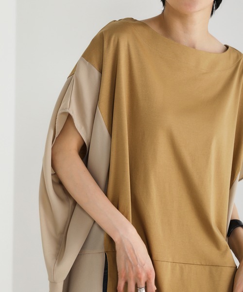 Bou Jeloud(ブージュルード)の「綿シルケット◆シアー異素材チュニック(Tシャツ/カットソー・レディース・ブラック/ベージュ/オフホワイト/グリーン・FREE)」の9枚目の写真