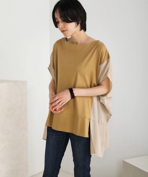 Bou Jeloud(ブージュルード)の「綿シルケット◆シアー異素材チュニック(Tシャツ/カットソー・レディース・ブラック/ベージュ/オフホワイト/グリーン・FREE)」の10枚目の写真