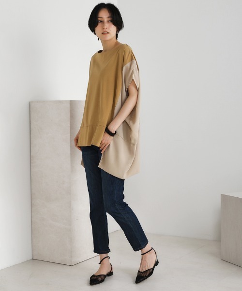 Bou Jeloud(ブージュルード)の「綿シルケット◆シアー異素材チュニック(Tシャツ/カットソー・レディース・ブラック/ベージュ/オフホワイト/グリーン・FREE)」の11枚目の写真