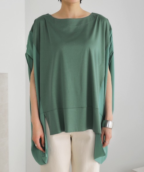 Bou Jeloud(ブージュルード)の「綿シルケット◆シアー異素材チュニック(Tシャツ/カットソー・レディース・ブラック/ベージュ/オフホワイト/グリーン・FREE)」の21枚目の写真