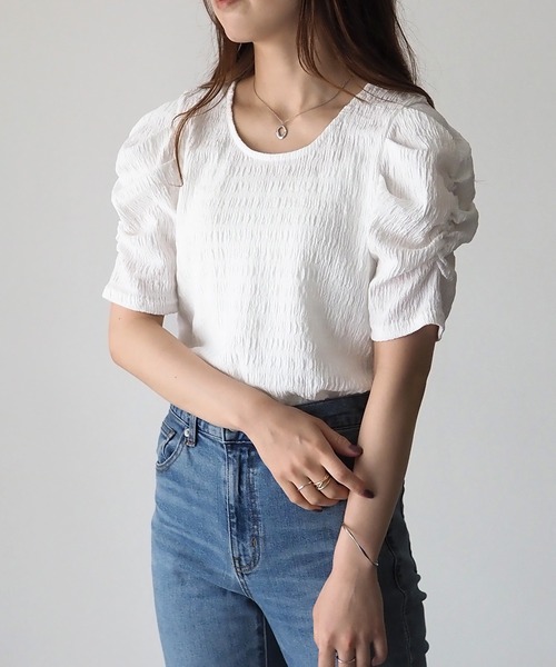 Riberry（リベリー）の「ギャザースリーブトップス（Tシャツ/カットソー・レディース・ブラック/ベージュ/オフホワイト/ピンク・MEDIUM）」の2枚目の写真