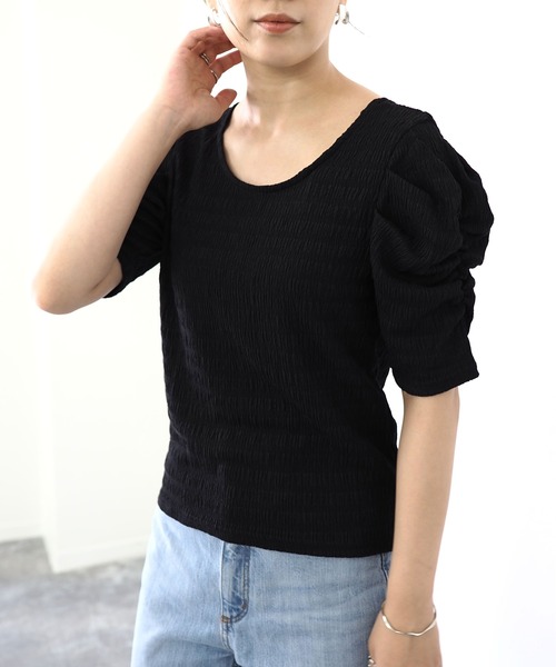 Riberry（リベリー）の「ギャザースリーブトップス（Tシャツ/カットソー・レディース・ブラック/ベージュ/オフホワイト/ピンク・MEDIUM）」の5枚目の写真