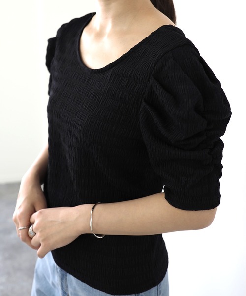 Riberry（リベリー）の「ギャザースリーブトップス（Tシャツ/カットソー・レディース・ブラック/ベージュ/オフホワイト/ピンク・MEDIUM）」の9枚目の写真