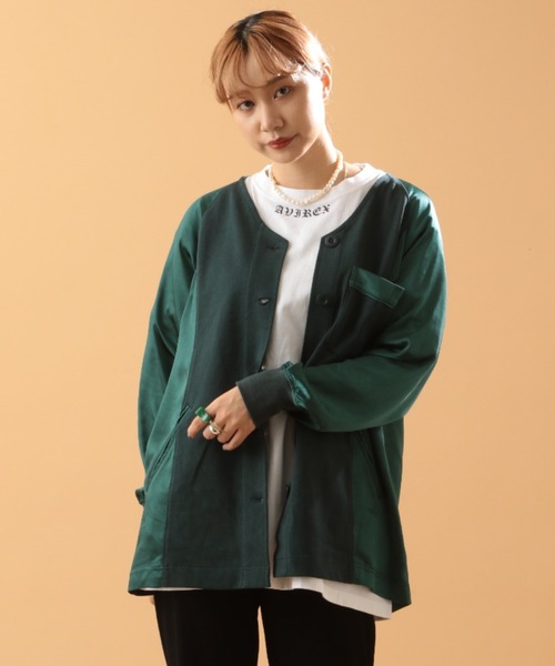 AVIREX（アヴィレックス）の「VINTAGE SATIN RAGLAN SHIRT/ ヴィンテージサテン ラグランシャツ（カーディガン/ボレロ・レディース・ピンク/グリーン・FREE）」の2枚目の写真