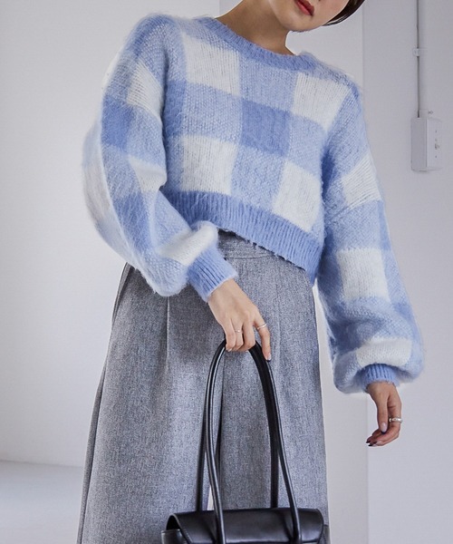 Heather(ヘザー)の「ブロックチェックショートニット 257510(ニット/セーター・レディース・ブラック系その他/ブラウン系その他/ブルー系その他・FREE)」の1枚目の写真