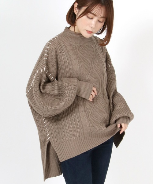 Salong hameu（サロン ハミュー）の「ハンドステッチ ハイネック ボリュームスリーブケーブルニット（ニット/セーター・レディース・ベージュ/ブラック/モカ/グレイッシュベージュ・M）」の14枚目の写真
