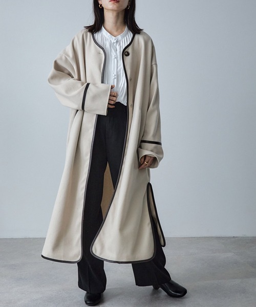 ECRIRE（エクリール）の「キルトライナー付きパイピングノーカラーロングコートセット（ノーカラーコート・レディース・ブラック/ブラウン/カーキ/アイボリー・M）」の14枚目の写真