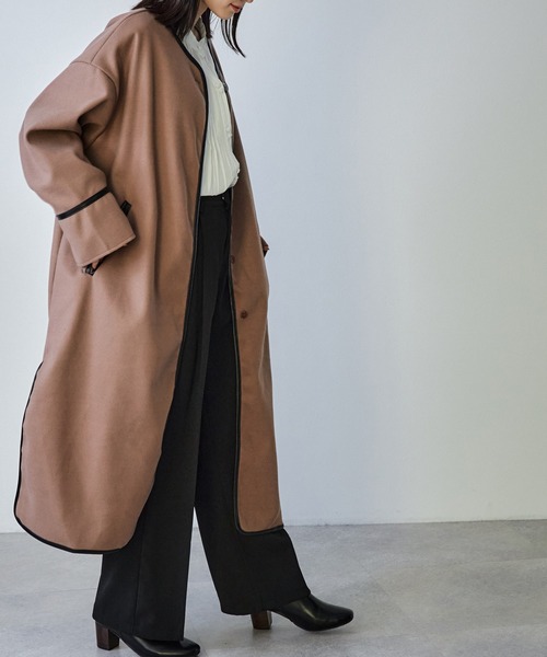 ECRIRE（エクリール）の「キルトライナー付きパイピングノーカラーロングコートセット（ノーカラーコート・レディース・ブラック/ブラウン/カーキ/アイボリー・M）」の21枚目の写真