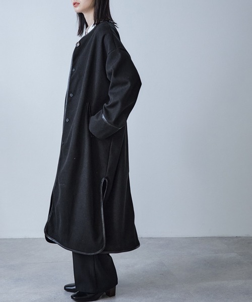 ECRIRE（エクリール）の「キルトライナー付きパイピングノーカラーロングコートセット（ノーカラーコート・レディース・ブラック/ブラウン/カーキ/アイボリー・M）」の6枚目の写真