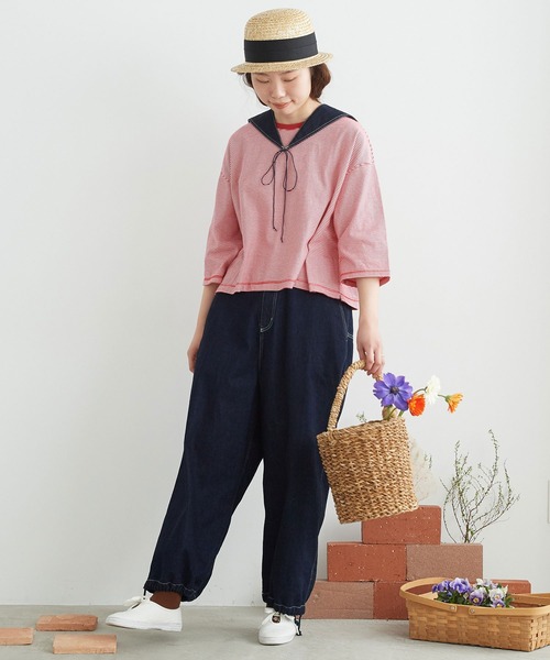 chambre de charme（シャンブルドゥシャーム）の「△cdc 40/2ミジンボーダー ゆったり6分袖プルオーバー（Tシャツ/カットソー・レディース・レッド/ブルー/ブラック・FREE）」の14枚目の写真