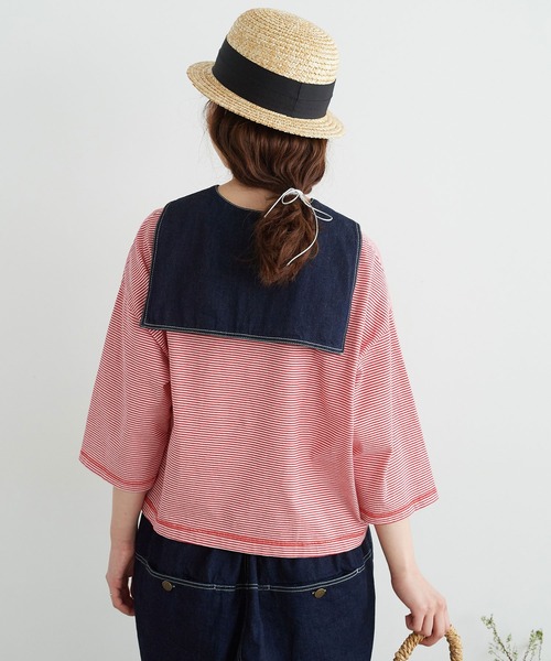 chambre de charme（シャンブルドゥシャーム）の「△cdc 40/2ミジンボーダー ゆったり6分袖プルオーバー（Tシャツ/カットソー・レディース・レッド/ブルー/ブラック・FREE）」の11枚目の写真