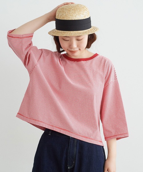 chambre de charme（シャンブルドゥシャーム）の「△cdc 40/2ミジンボーダー ゆったり6分袖プルオーバー（Tシャツ/カットソー・レディース・レッド/ブルー/ブラック・FREE）」の4枚目の写真