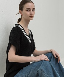 Vネックハイツイストコットンケーブルニットベスト