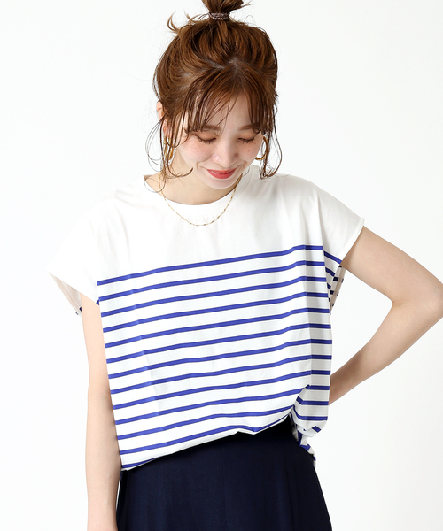 B.C STOCK(ベーセーストック)の「パネルボーダーフレンチTシャツ(Tシャツ/カットソー・レディース・ブラック/ベージュ/オレンジ/ブルー系その他・FREE)」の3枚目の写真