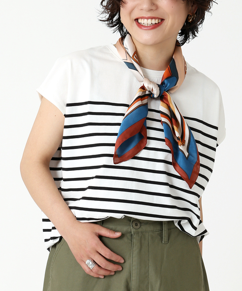 B.C STOCK(ベーセーストック)の「パネルボーダーフレンチTシャツ(Tシャツ/カットソー・レディース・ブラック/ベージュ/オレンジ/ブルー系その他・FREE)」の2枚目の写真