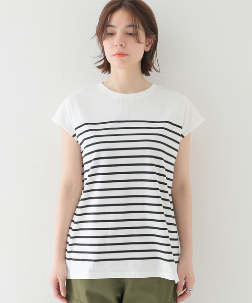 B.C STOCK(ベーセーストック)の「パネルボーダーフレンチTシャツ(Tシャツ/カットソー・レディース・ブラック/ベージュ/オレンジ/ブルー系その他・FREE)」の11枚目の写真