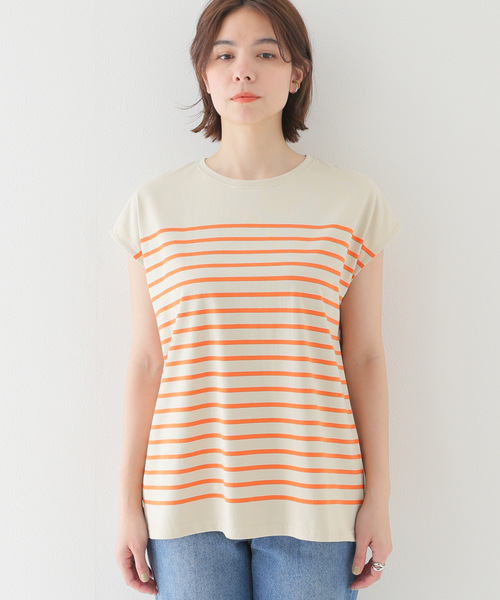 B.C STOCK(ベーセーストック)の「パネルボーダーフレンチTシャツ(Tシャツ/カットソー・レディース・ブラック/ベージュ/オレンジ/ブルー系その他・FREE)」の5枚目の写真