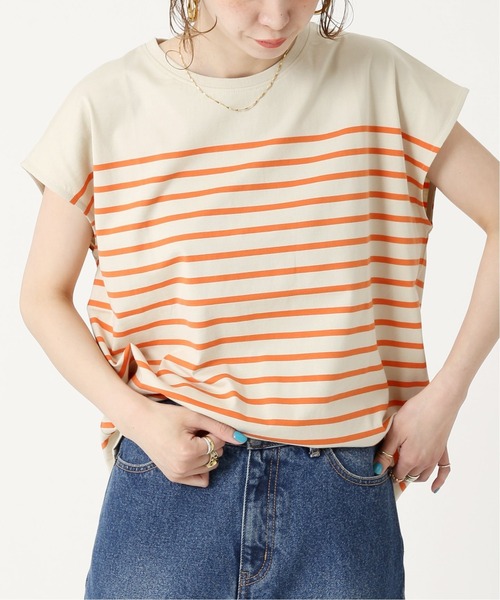 B.C STOCK(ベーセーストック)の「パネルボーダーフレンチTシャツ(Tシャツ/カットソー・レディース・ブラック/ベージュ/オレンジ/ブルー系その他・FREE)」の4枚目の写真