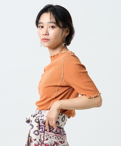 FREAK'S STORE（フリークスストア）の「メローリブ5分袖TEE（Tシャツ/カットソー・レディース・サックスブルー/オフホワイト/ブラック/ブルーグリーン/オレンジ・ﾌﾘ-）」の5枚目の写真