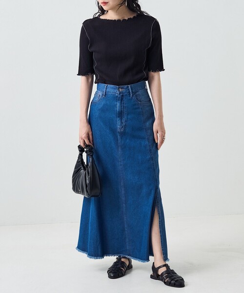 FREAK'S STORE（フリークスストア）の「メローリブ5分袖TEE（Tシャツ/カットソー・レディース・サックスブルー/オフホワイト/ブラック/ブルーグリーン/オレンジ・ﾌﾘ-）」の10枚目の写真