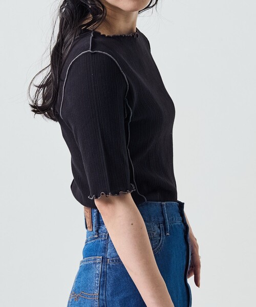 FREAK'S STORE（フリークスストア）の「メローリブ5分袖TEE（Tシャツ/カットソー・レディース・サックスブルー/オフホワイト/ブラック/ブルーグリーン/オレンジ・ﾌﾘ-）」の18枚目の写真