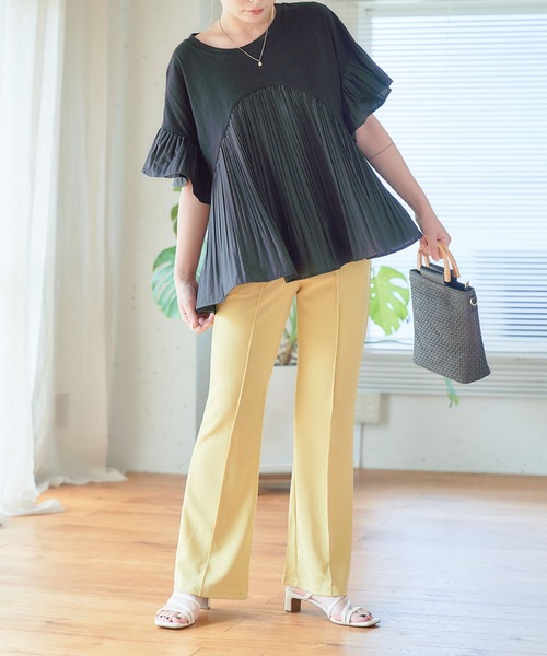 anown（アノン）の「カラーパンツ センタープレス パンツ フレアパンツ ストレッチ パンツ グリーン イエロー 通勤 きれいめ カジュアル ポケット付き（その他パンツ・レディース・ブラック/パープル/イエロー/グリーン/アイボリー/ピンク系・S/M/L）」の5枚目の写真