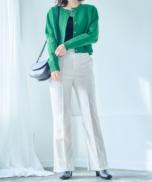 anown（アノン）の「カラーパンツ センタープレス パンツ フレアパンツ ストレッチ パンツ グリーン イエロー 通勤 きれいめ カジュアル ポケット付き（その他パンツ・レディース・ブラック/パープル/イエロー/グリーン/アイボリー/ピンク系・S/M/L）」の11枚目の写真