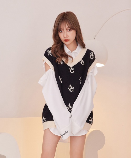 ANDGEEBEE（アンジービー）の「UNISEX モノグラムニットベスト（ベスト・レディース・アイボリー/ブラック・X-LARGE）」の2枚目の写真