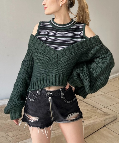 SPIRALGIRL(スパイラルガール)の「クロップドニットトップス(ニット/セーター・レディース・ピンク/グリーン/ブラック・FREE)」の2枚目の写真