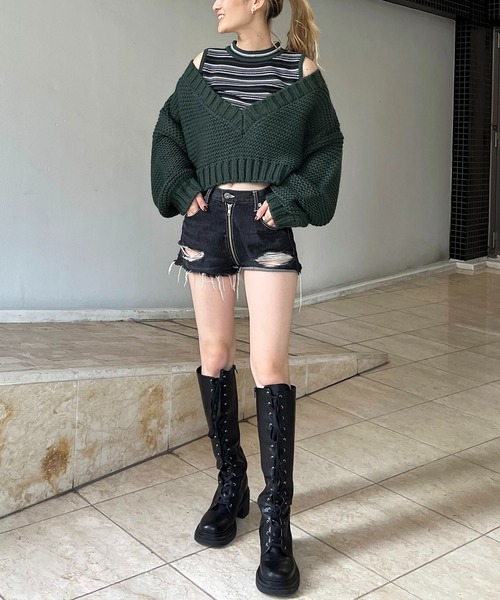 SPIRALGIRL(スパイラルガール)の「クロップドニットトップス(ニット/セーター・レディース・ピンク/グリーン/ブラック・FREE)」の8枚目の写真