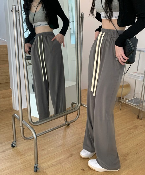 【Jasmine】ハイウエスト紐入りストレートワイドパンツ（スウェットパンツ）｜Jasmine Grandiflorum（ジャスミングランディフローラム）