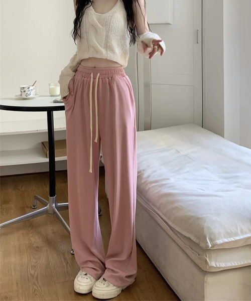 パンツ Jasmin セール】【Jasmine】ハイウエスト紐入りストレートワイドパンツ