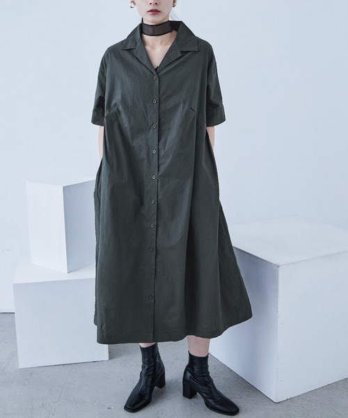 Fashion Letter(ファッションレター)の「オープンカラー シャツワンピース(シャツワンピース・レディース・ベージュ/チャコール/カーキ・M)」の2枚目の写真