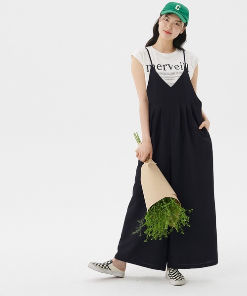 coca(coca)(コカ)の「麻調合繊キャミサロペット(サロペット/オーバーオール・レディース・ブラック/グレー・L/M)」の2枚目の写真