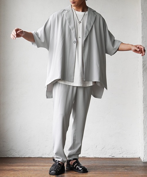 MinoriTY(マイノリティ)の「【MinoriTY】とろみ素材ビッグドルマンテーラードジャケット メンズ 無地 半袖 秋服 夏服 【セットアップ対応】(テーラードジャケット・メンズ・ライトグレー/グリーン/ブラック/グレー・M/L/S)」の13枚目の写真