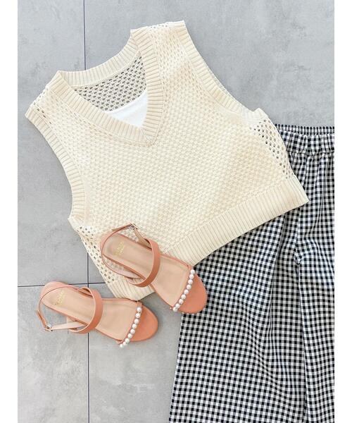 Te chichi TERRASSE（テチチテラス）の「メッシュVネックベスト（ニット/セーター・レディース・ブラック/オフホワイト/グリーン・F）」の14枚目の写真