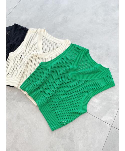 Te chichi TERRASSE（テチチテラス）の「メッシュVネックベスト（ニット/セーター・レディース・ブラック/オフホワイト/グリーン・F）」の15枚目の写真