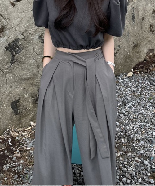nuanti（ニュアンティ）の「ウエストリボンきれいめワイドタックパンツ（その他パンツ・レディース・グレー/ベージュ/ブラック・L/M/S）」の4枚目の写真