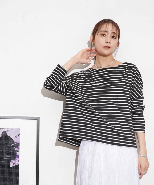 NANO universe(ナノユニバース)の「WEB限定 ボーダーワイドドロップトップス(Tシャツ/カットソー・レディース・ベージュ/ブラック/オフホワイト/ベージュ系その他/グレー系その他4・FREE)」の9枚目の写真