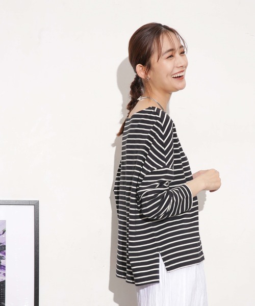 NANO universe(ナノユニバース)の「WEB限定 ボーダーワイドドロップトップス(Tシャツ/カットソー・レディース・ベージュ/ブラック/オフホワイト/ベージュ系その他/グレー系その他4・FREE)」の18枚目の写真