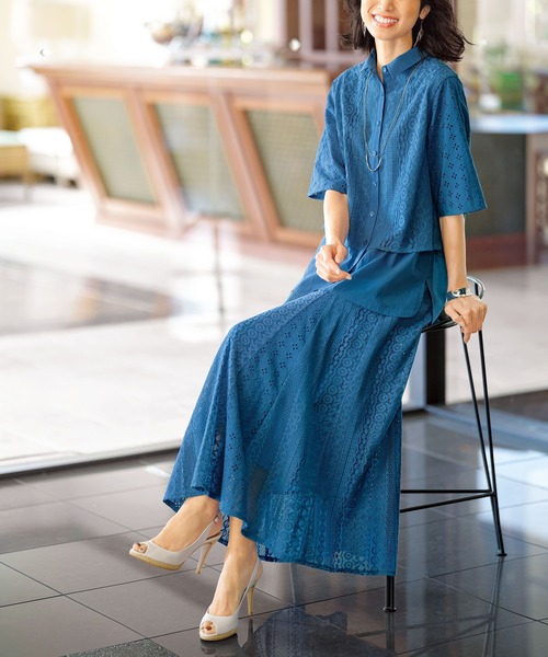 BELLUNA(ベルーナ)の「レース切替デザインシャツジャケット(スーツジャケット・レディース・アイボリー/ブルー/ブラック・X-LARGE/LARGE/MEDIUM)」の3枚目の写真