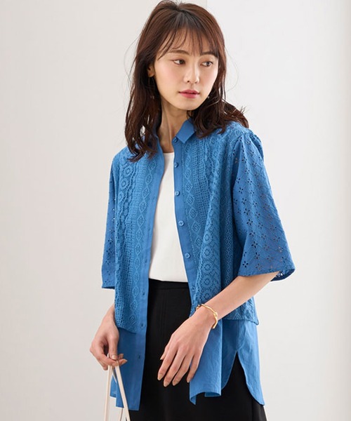 BELLUNA(ベルーナ)の「レース切替デザインシャツジャケット(スーツジャケット・レディース・アイボリー/ブルー/ブラック・X-LARGE/LARGE/MEDIUM)」の4枚目の写真