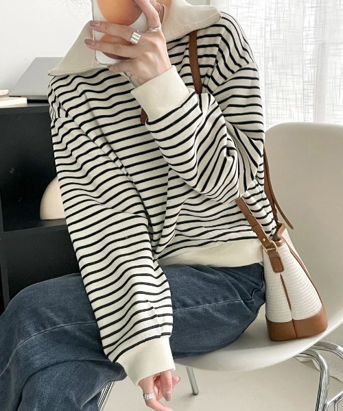 deux amour（ドゥーザムール）の「ハーフジップボーダーニットプルオーバー（Tシャツ/カットソー・レディース・ブラック/ホワイト・FREE）」の3枚目の写真
