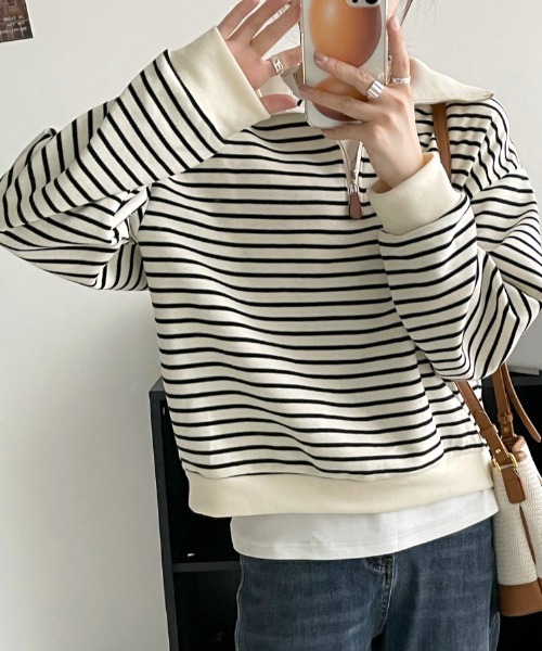 deux amour（ドゥーザムール）の「ハーフジップボーダーニットプルオーバー（Tシャツ/カットソー・レディース・ブラック/ホワイト・FREE）」の7枚目の写真